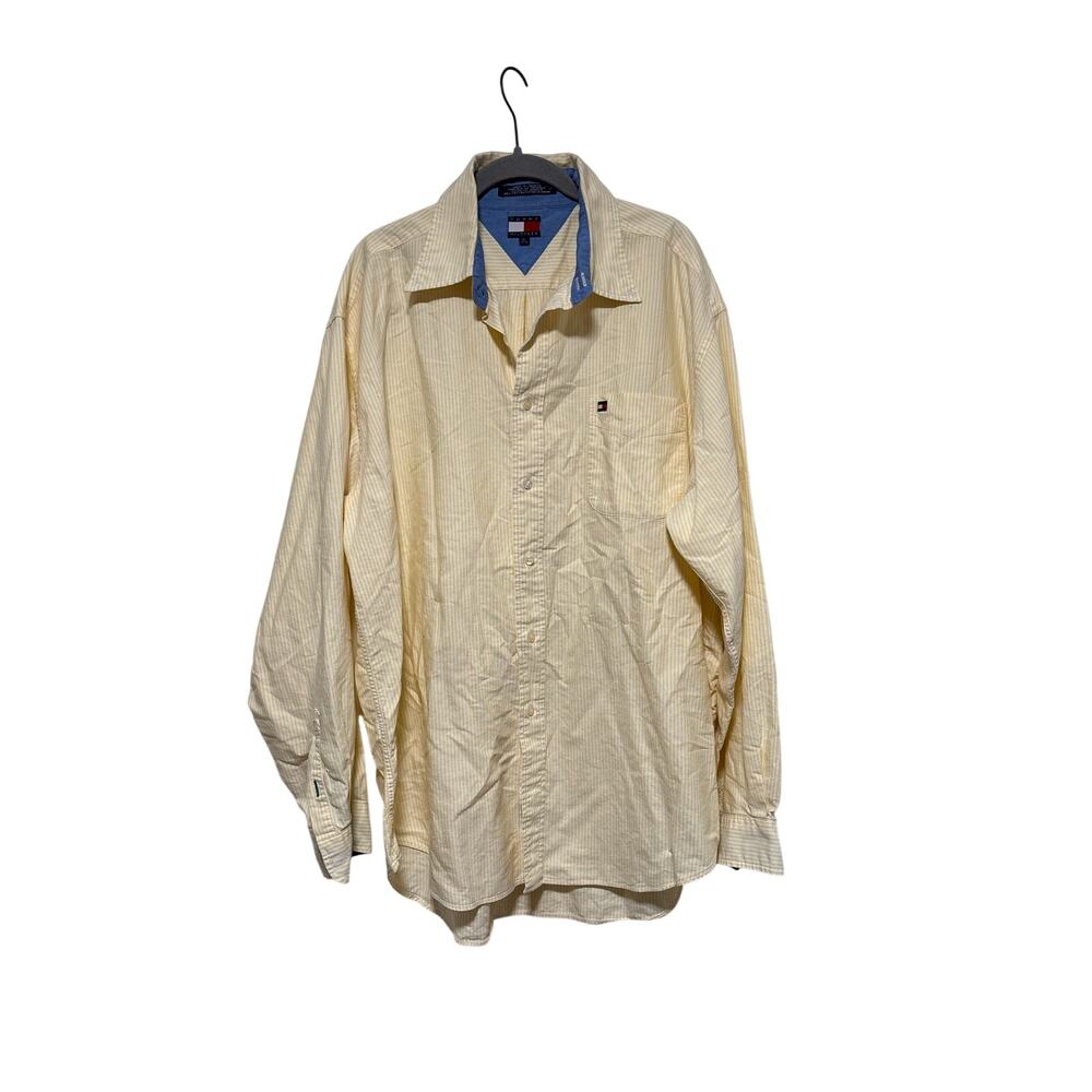 Tommy Hilfiger Men's Yellow White Stripe Cotton Button Front Shirt XL Vintage - Picture 2 of 6